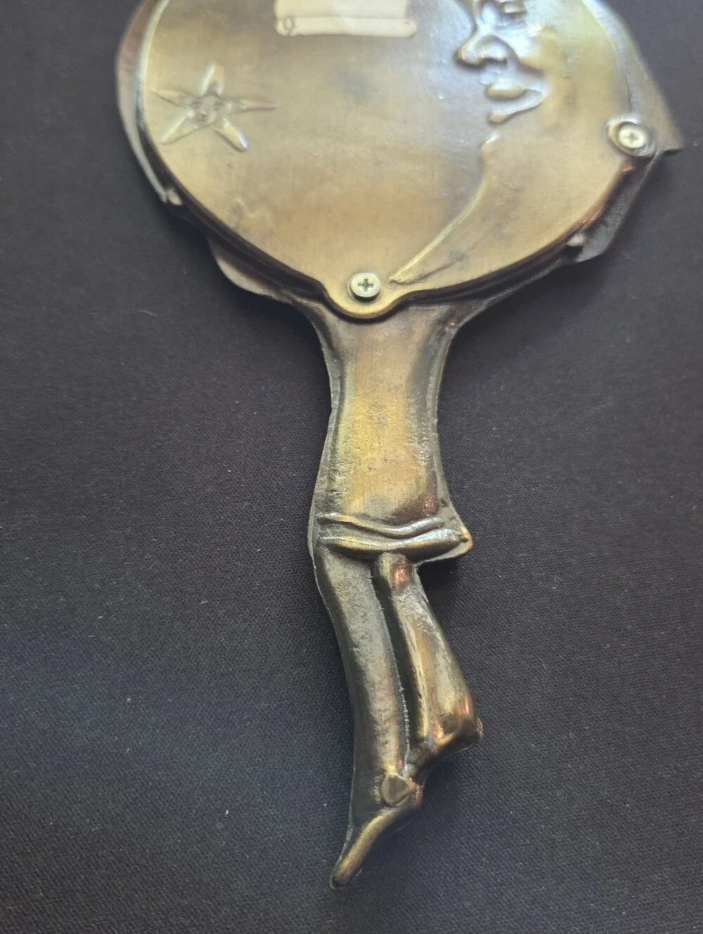 Vintage Art Nouveau Bronze Pierrot Clown Hand Mirror